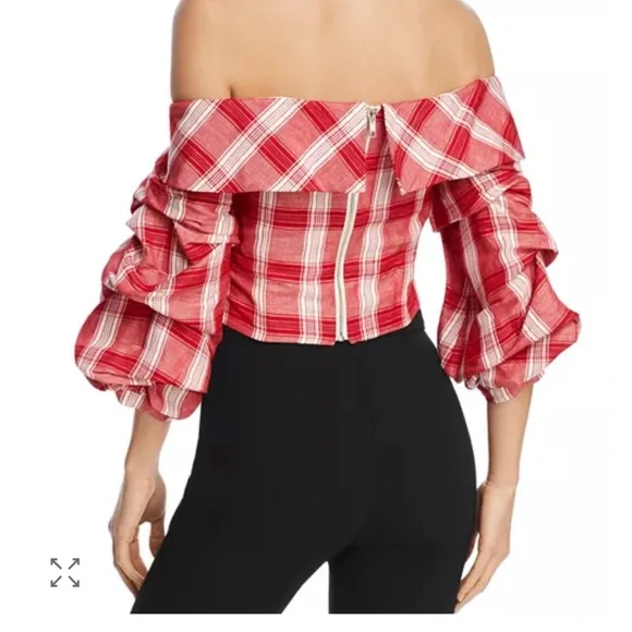 Bardot Red Plaid Off-Shoulder Women's Top - Picture 2 of 6